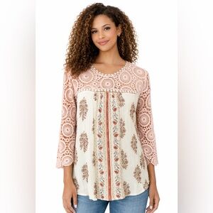 Y2K Xhilaration Boho Lace Crochet Top Bell Sleeve Festival Blouse